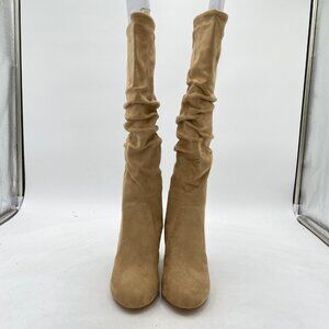 Tan Suede Slouch Knee High Boots Pull On Closed Toe Wide Calf Long Boot